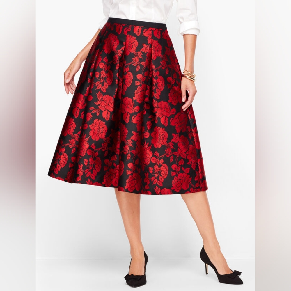 Talbots Red and Black Floral Jacquard Midi Skirt 0P NWT